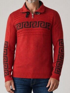 Men's Red Zip-Up Sweater with Black Geometric Banding